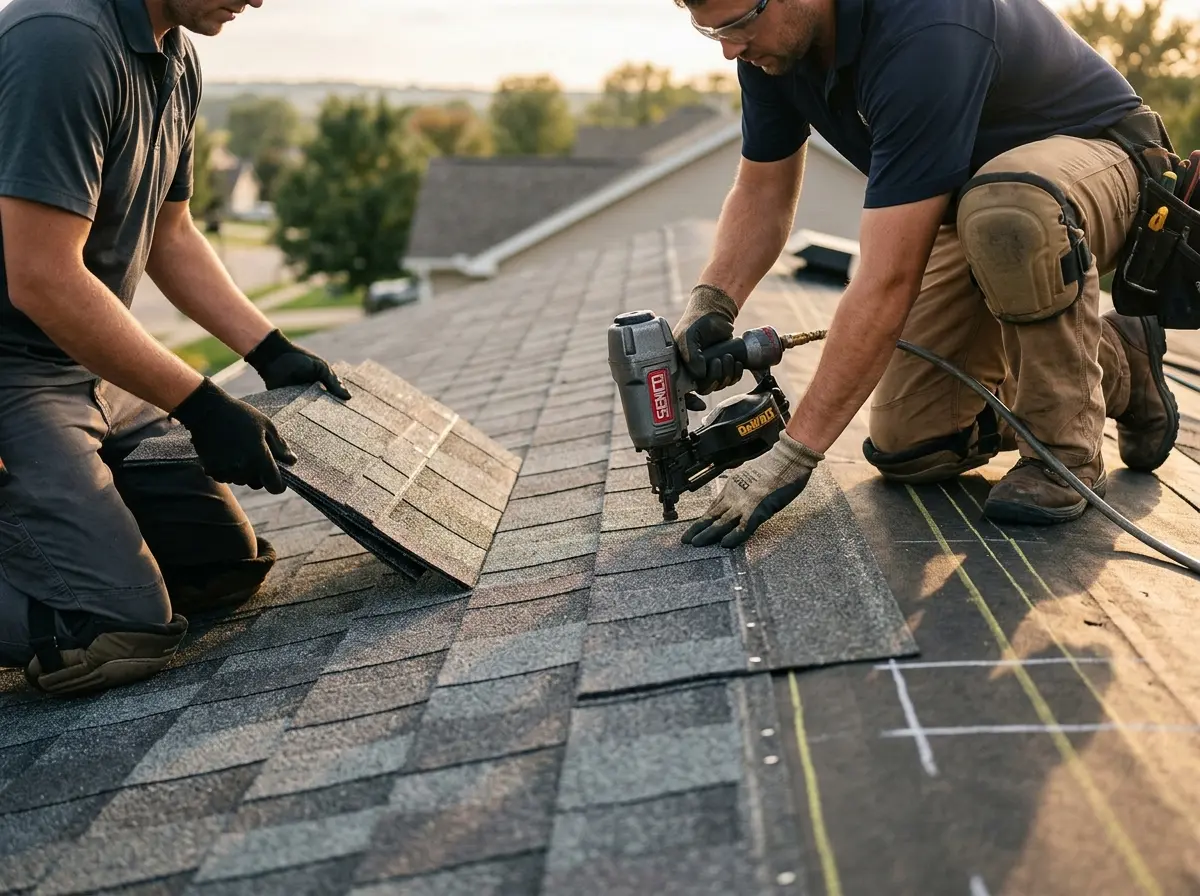 Professional roofer working on a residential roof in San Benito